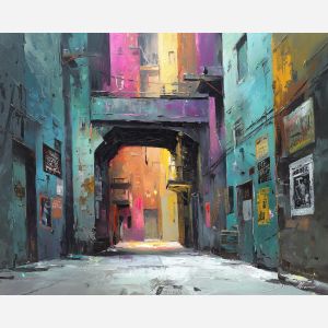 alley, lined, with, posters, painted, signs, softened, interior, evening street, club doorway, neighborhood glow, urban pattern, historic energy, layered silhouettes, warm night color, jazz atmosphere, brick facade, city rhythm, oil painting palette knife, textured impasto