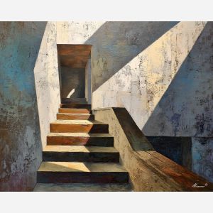 stairwell, dissolved, into, geometric, shadow, bands, sharp, primary color field, clean architecture, rectilinear order, abstract building, functional design, flat planes, linear balance, minimal composition, geometric facade, modernist structure, oil painting palette knife, textured impasto, layered pigments