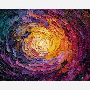 central, vortex, surrounded, radiating, shapes, from, multiple, kaleidoscopic field, surreal pattern, trippy geometry, fractal drift, chromatic wave, liquid color, visual distortion, bold saturation, neon spectrum, vivid spiral, oil painting palette knife, textured impasto, layered pigments