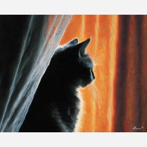 silhouette, framed, thin, curtain, glowing, faintly, around, edges, soft fur, domestic calm, watchful pose, indoor stillness, gentle shadow, subtle movement, feline presence, resting figure, window light, quiet companion, oil painting palette knife, textured impasto