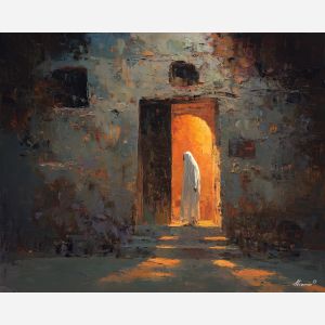 watchful, figure, near, partially, open, door, coming, from, indoor stillness, gentle shadow, subtle movement, feline presence, resting figure, window light, quiet companion, soft fur, domestic calm, watchful pose, oil painting palette knife, textured impasto