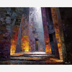 small, stage, suggested, angled, shapes, light, strong, beams, club doorway, neighborhood glow, urban pattern, historic energy, layered silhouettes, warm night color, jazz atmosphere, brick facade, city rhythm, evening street, oil painting palette knife, textured impasto