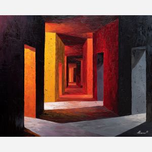 corridor, doors, into, smooth, surfaces, glazing, corners, with, minimal composition, geometric facade, modernist structure, primary color field, clean architecture, rectilinear order, abstract building, functional design, flat planes, linear balance, oil painting palette knife, textured impasto