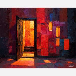 club, doorway, opening, shadowed, rhythm, punctuated, rectangles, window, brick facade, city rhythm, evening street, club doorway, neighborhood glow, urban pattern, historic energy, layered silhouettes, warm night color, jazz atmosphere, oil painting palette knife, textured impasto