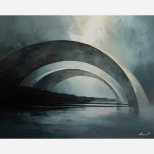 arched, pale, shapes, circling, central, void, sliding, narrow, tonal contrast, meditative dark, aged material, organic arc, quiet memento, shadowed object, textured stillness, symbolic bone, hollow form, chiaroscuro study, oil painting palette knife, textured impasto