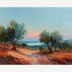 olive, grove, stepping, down, toward, pale, washed, with, marble architecture, seaside village, stone terrace, Aegean light, hillside dwellings, historic shoreline, sunlit masonry, quiet harbor, mediterranean landscape, ancient coast, oil painting palette knife, textured impasto