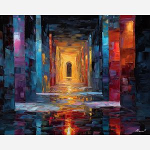 corridor, that, splits, into, prismatic, fragments, flaring, intersections, fractal drift, chromatic wave, liquid color, visual distortion, bold saturation, neon spectrum, vivid spiral, kaleidoscopic field, surreal pattern, trippy geometry, oil painting palette knife, textured impasto