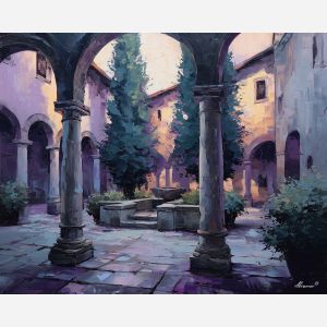 shaded, courtyard, hidden, behind, columned, walls, outlined, against, Aegean light, hillside dwellings, historic shoreline, sunlit masonry, quiet harbor, mediterranean landscape, ancient coast, marble architecture, seaside village, stone terrace, oil painting palette knife, textured impasto