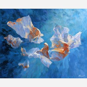 cluster, floating, forms, drifting, through, space, trailing, luminous, trippy geometry, fractal drift, chromatic wave, liquid color, visual distortion, bold saturation, neon spectrum, vivid spiral, kaleidoscopic field, surreal pattern, oil painting palette knife, textured impasto