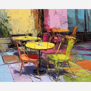 cafe front, implied, awning, chairs, vibrating, edges, where, layered silhouettes, warm night color, jazz atmosphere, brick facade, city rhythm, evening street, club doorway, neighborhood glow, urban pattern, historic energy, oil painting palette knife, textured impasto