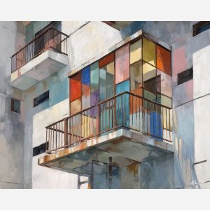 balcony, projecting, from, flat, wall, flattening, forms, into, clean architecture, rectilinear order, abstract building, functional design, flat planes, linear balance, minimal composition, geometric facade, modernist structure, primary color field, oil painting palette knife, textured impasto