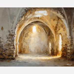 simple, interior, framed, high, arches, pouring, through, unseen, quiet sanctuary, soft radiance, arched space, gentle horizon, calm interior, hushed atmosphere, tender light, reflective stillness, subtle reverence, luminous calm, oil painting palette knife, textured impasto