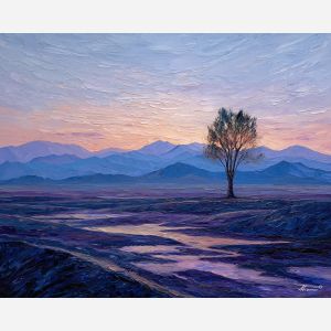 lone, tree, standing, near, distant, mountains, softening, night, sun-steeped land, textured horizon, savanna expanse, red earth, acacia silhouettes, village pattern, heat shimmer, distant hills, amber distance, open plain, oil painting palette knife, textured impasto