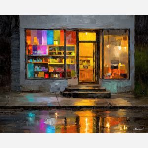 storefront, plane, broken, color, rectangles, reflecting, narrow, streaks, urban pattern, historic energy, layered silhouettes, warm night color, jazz atmosphere, brick facade, city rhythm, evening street, club doorway, neighborhood glow, oil painting palette knife, textured impasto