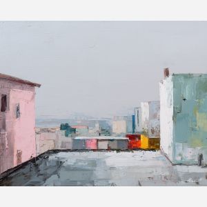 rooftop, edge, tracing, against, pale, muting, surfaces, into, linear balance, minimal composition, geometric facade, modernist structure, primary color field, clean architecture, rectilinear order, abstract building, functional design, flat planes, oil painting palette knife, textured impasto