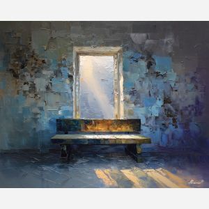 bench, situated, beneath, tall, window, breaking, through, layered, calm interior, hushed atmosphere, tender light, reflective stillness, subtle reverence, luminous calm, quiet sanctuary, soft radiance, arched space, gentle horizon, oil painting palette knife, textured impasto