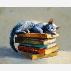 feline, resting, atop, stack, books, sliding, across, back, domestic calm, watchful pose, indoor stillness, gentle shadow, subtle movement, feline presence, resting figure, window light, quiet companion, soft fur, oil painting palette knife, textured impasto