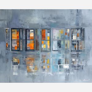 series, windows, arranged, strict, sequence, sliding, along, edges, rectilinear order, abstract building, functional design, flat planes, linear balance, minimal composition, geometric facade, modernist structure, primary color field, clean architecture, oil painting palette knife, textured impasto