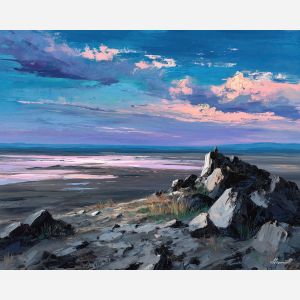 rocky, rise, overlooking, sunburned, plains, stretching, into, long, distant hills, amber distance, open plain, sun-steeped land, textured horizon, savanna expanse, red earth, acacia silhouettes, village pattern, heat shimmer, oil painting palette knife, textured impasto