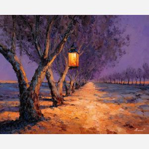 grove, acacias, casting, long, evening, shadows, slipping, toward, heat shimmer, distant hills, amber distance, open plain, sun-steeped land, textured horizon, savanna expanse, red earth, acacia silhouettes, village pattern, oil painting palette knife, textured impasto