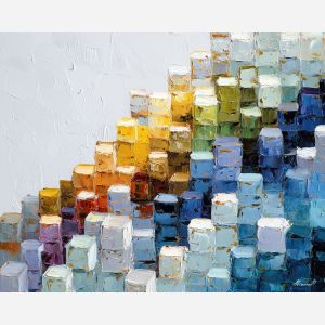 cluster, cubic, volumes, aligned, tiers, softened, even, overcast, modernist structure, primary color field, clean architecture, rectilinear order, abstract building, functional design, flat planes, linear balance, minimal composition, geometric facade, oil painting palette knife, textured impasto