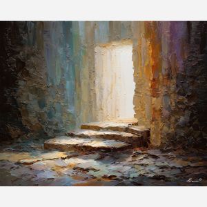 stone, threshold, leading, into, softened, brightness, spilling, vertical, arched space, gentle horizon, calm interior, hushed atmosphere, tender light, reflective stillness, subtle reverence, luminous calm, quiet sanctuary, soft radiance, oil painting palette knife, textured impasto