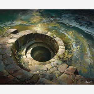 watering, hollow, edged, with, worn, stone, filling, amber distance, open plain, sun-steeped land, textured horizon, savanna expanse, red earth, acacia silhouettes, village pattern, heat shimmer, distant hills, oil painting palette knife, textured impasto, layered pigments