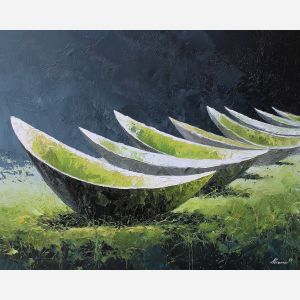 pale, contour, repeated, across, dark, field, intensifying, contrast, organic arc, quiet memento, shadowed object, textured stillness, symbolic bone, hollow form, chiaroscuro study, tonal contrast, meditative dark, aged material, oil painting palette knife, textured impasto