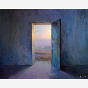 quiet, room, opening, toward, luminous, horizon, emerging, softly, soft radiance, arched space, gentle horizon, calm interior, hushed atmosphere, tender light, reflective stillness, subtle reverence, luminous calm, quiet sanctuary, oil painting palette knife, textured impasto