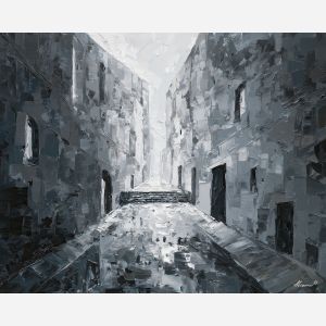 walkway, cutting, between, simple, blocks, angling, across, facades, functional design, flat planes, linear balance, minimal composition, geometric facade, modernist structure, primary color field, clean architecture, rectilinear order, abstract building, oil painting palette knife, textured impasto