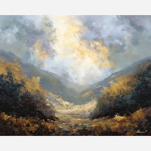 hillside, clearing, beneath, parted, sliding, along, walls, pale, tender light, reflective stillness, subtle reverence, luminous calm, quiet sanctuary, soft radiance, arched space, gentle horizon, calm interior, hushed atmosphere, oil painting palette knife, textured impasto