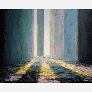 stone, threshold, leading, into, softened, brightness, spilling, vertical, arched space, gentle horizon, calm interior, hushed atmosphere, tender light, reflective stillness, subtle reverence, luminous calm, quiet sanctuary, soft radiance, oil painting palette knife, textured impasto