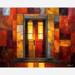 club, doorway, opening, shadowed, rhythm, punctuated, rectangles, window, brick facade, city rhythm, evening street, club doorway, neighborhood glow, urban pattern, historic energy, layered silhouettes, warm night color, jazz atmosphere, oil painting palette knife, textured impasto