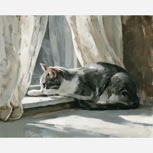 poised, along, sunlit, windowsill, filtering, through, soft, afternoon, resting figure, window light, quiet companion, soft fur, domestic calm, watchful pose, indoor stillness, gentle shadow, subtle movement, feline presence, oil painting palette knife, textured impasto