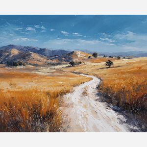 dusty, track, winding, toward, hills, smudged, rising, dust, village pattern, heat shimmer, distant hills, amber distance, open plain, sun-steeped land, textured horizon, savanna expanse, red earth, acacia silhouettes, oil painting palette knife, textured impasto