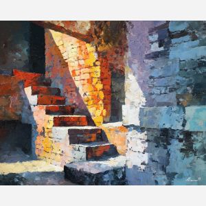 small, stage, suggested, angled, shapes, light, strong, beams, club doorway, neighborhood glow, urban pattern, historic energy, layered silhouettes, warm night color, jazz atmosphere, brick facade, city rhythm, evening street, oil painting palette knife, textured impasto