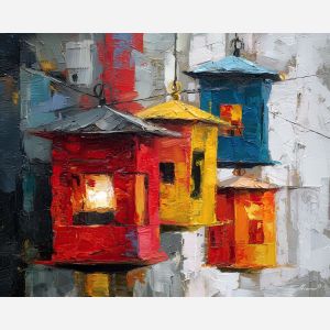 facade, stacked, planes, narrow, windows, defined, crisp, directional, geometric facade, modernist structure, primary color field, clean architecture, rectilinear order, abstract building, functional design, flat planes, linear balance, minimal composition, oil painting palette knife, textured impasto