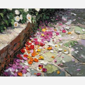 garden, edge, where, petals, scatter, stone, casting, delicate, garden suggestion, soft bouquet, natural curve, petal layers, subtle fragrance, gentle color, organic shapes, floral arrangement, delicate blossoms, glass vase, oil painting palette knife, textured impasto