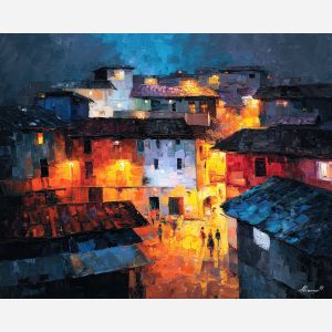 rooftop, edge, overlooking, clustered, roofs, glowing, around, doorways, neighborhood glow, urban pattern, historic energy, layered silhouettes, warm night color, jazz atmosphere, brick facade, city rhythm, evening street, club doorway, oil painting palette knife, textured impasto
