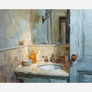 sink, mirror, corner, edged, soft, clutter, cool, pale, soft steam, reflective glass, porcelain surface, quiet routine, domestic stillness, subtle moisture, bath corner, intimate space, ceramic texture, tiled interior, oil painting palette knife, textured impasto