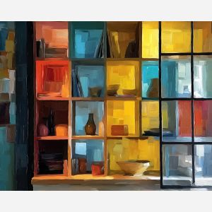 interior, wall, divided, into, color, rectangles, emphasizing, window, flat planes, linear balance, minimal composition, geometric facade, modernist structure, primary color field, clean architecture, rectilinear order, abstract building, functional design, oil painting palette knife, textured impasto