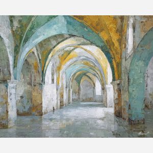 vaulted, space, reduced, gentle, planes, enveloping, rather, hushed atmosphere, tender light, reflective stillness, subtle reverence, luminous calm, quiet sanctuary, soft radiance, arched space, gentle horizon, calm interior, oil painting palette knife, textured impasto, layered pigments