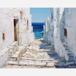 narrow, lane, winding, between, whitewashed, facades, warming, stone, sunlit masonry, quiet harbor, mediterranean landscape, ancient coast, marble architecture, seaside village, stone terrace, Aegean light, hillside dwellings, historic shoreline, oil painting palette knife, textured impasto