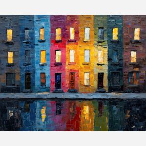 brick, facades, stacked, with, bright, windows, glimmering, scattered, city rhythm, evening street, club doorway, neighborhood glow, urban pattern, historic energy, layered silhouettes, warm night color, jazz atmosphere, brick facade, oil painting palette knife, textured impasto