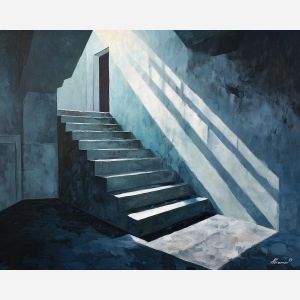 stairwell, dissolved, into, geometric, shadow, bands, sharp, primary color field, clean architecture, rectilinear order, abstract building, functional design, flat planes, linear balance, minimal composition, geometric facade, modernist structure, oil painting palette knife, textured impasto, layered pigments
