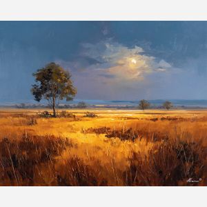 broad, savanna, broken, scattered, trees, glowing, with, deep, savanna expanse, red earth, acacia silhouettes, village pattern, heat shimmer, distant hills, amber distance, open plain, sun-steeped land, textured horizon, oil painting palette knife, textured impasto