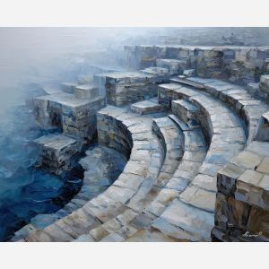 amphitheater, carved, into, weathered, stone, terraces, veiled, delicate, stone terrace, Aegean light, hillside dwellings, historic shoreline, sunlit masonry, quiet harbor, mediterranean landscape, ancient coast, marble architecture, seaside village, oil painting palette knife, textured impasto
