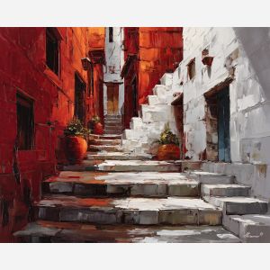 narrow, lane, winding, between, whitewashed, facades, warming, stone, sunlit masonry, quiet harbor, mediterranean landscape, ancient coast, marble architecture, seaside village, stone terrace, Aegean light, hillside dwellings, historic shoreline, oil painting palette knife, textured impasto