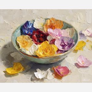 cluster, flowers, spilling, from, ceramic, bowl, passing, through, glass vase, garden suggestion, soft bouquet, natural curve, petal layers, subtle fragrance, gentle color, organic shapes, floral arrangement, delicate blossoms, oil painting palette knife, textured impasto
