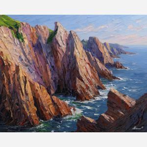 mountain, ridge, overlooking, layered, coastal, inlets, long, slanting, historic shoreline, sunlit masonry, quiet harbor, mediterranean landscape, ancient coast, marble architecture, seaside village, stone terrace, Aegean light, hillside dwellings, oil painting palette knife, textured impasto